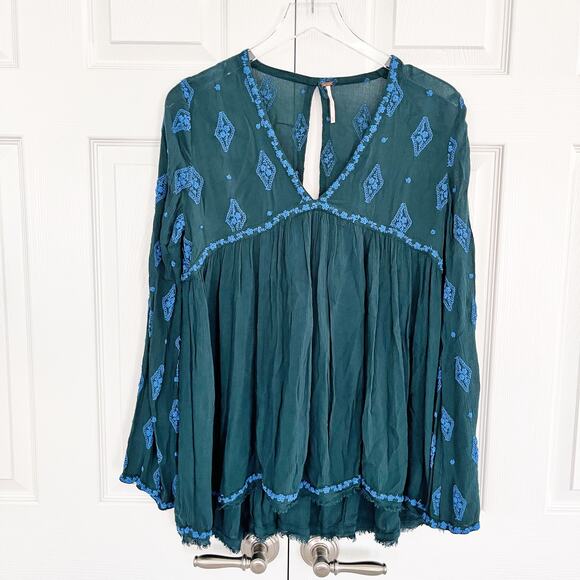 Free People Diamond Embroidered Bell Sleeve Top in Dark Green - Picture 3 of 10